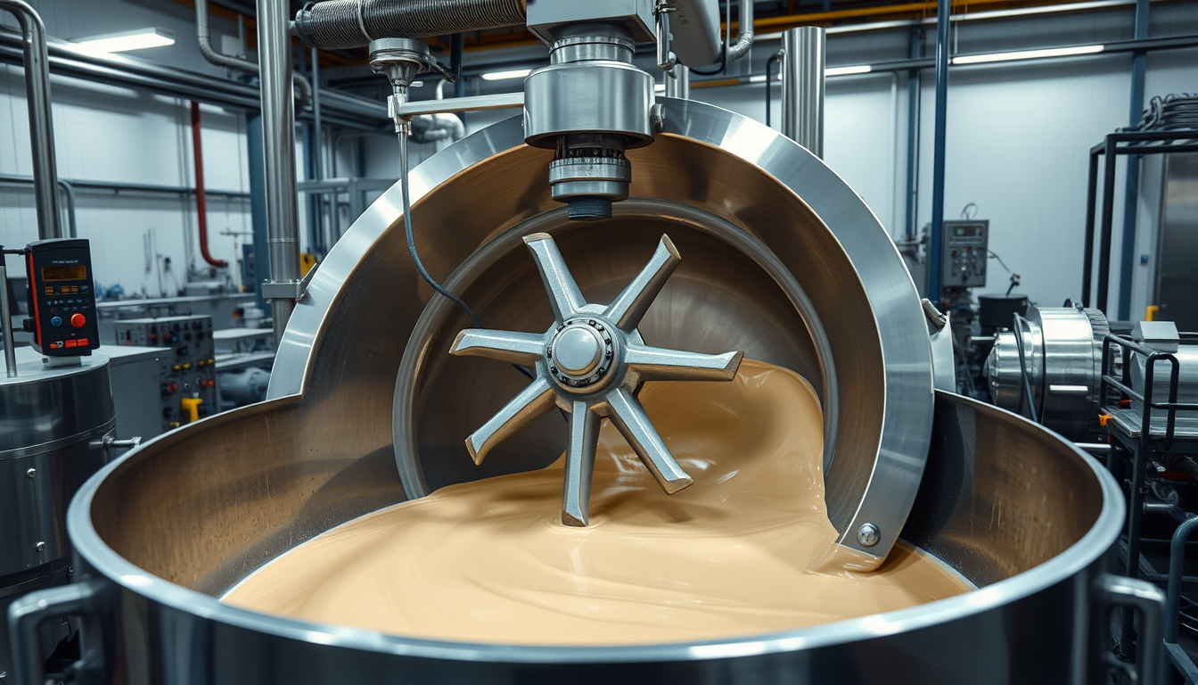 Main art studio: # Part 2 — PU Resin Mixing Show a modern factory where workers mix PU resin, solvents, pigments and additives in a large stainless-steel tank. Show ro