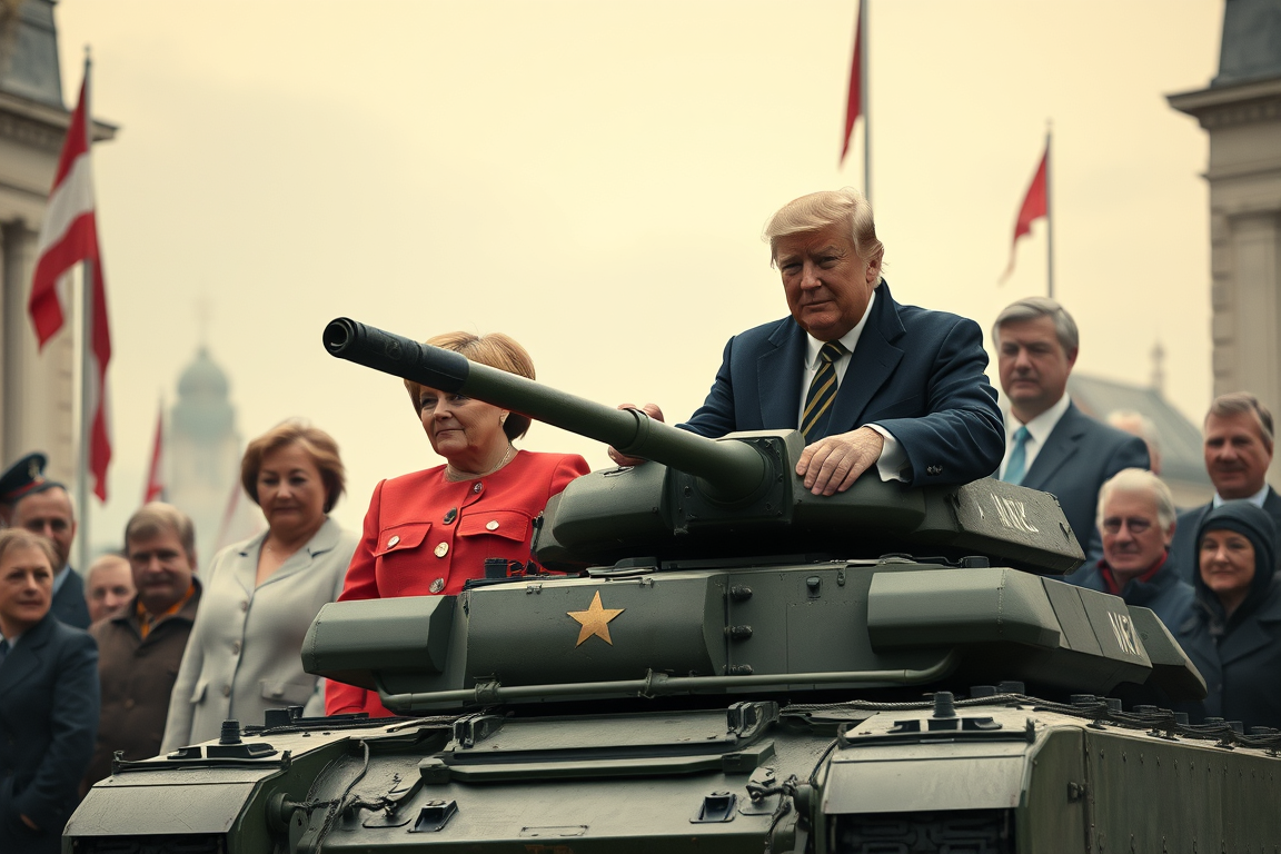 Main art studio: erstelle mir ein bild von trump mit panzer angela merkel friderich merz münchen leevi schlemmmer dem schauspieler und corina kierner mit vielen farbe 