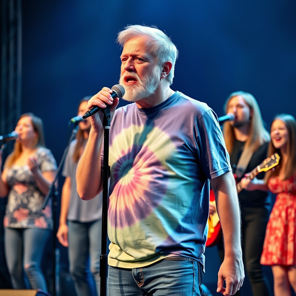 Main art studio: middle aged white man with grey receding hair, a stubble beard, wearing a tie dye t-shirt and jeans, standing on stage singing in front of a microphon