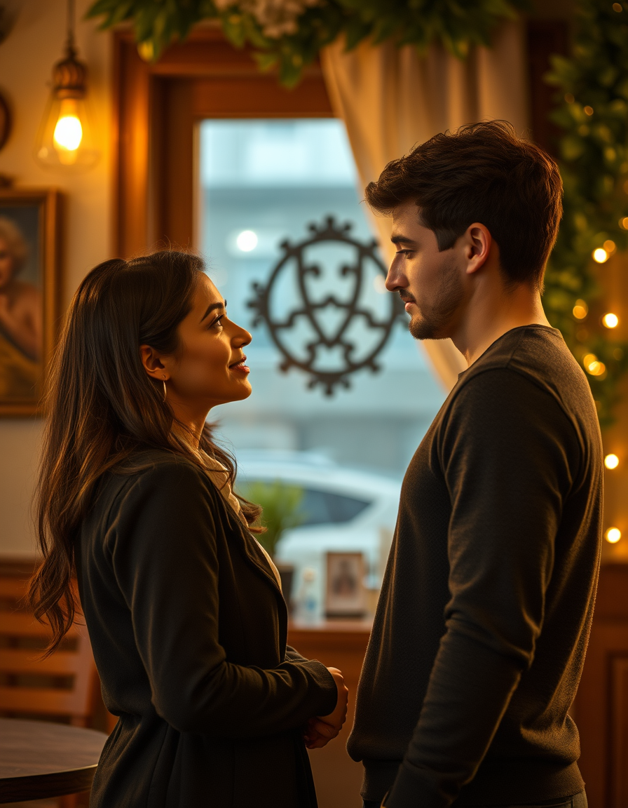 Main art studio: > A romantic Turkish TV series scene, a young beautiful woman and a charismatic young man standing very close to each other in a cozy Istanbul setting