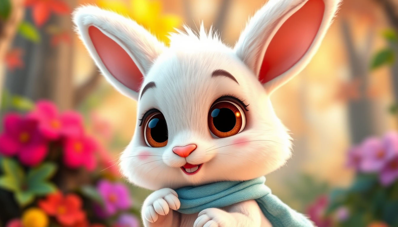 Main art studio: Cute baby bunny, fluffy white fur, huge round brown eyes, pink inner ears, tiny pink nose, chubby cheeks, long ears, tiny paws, wearing a sky-blue sca