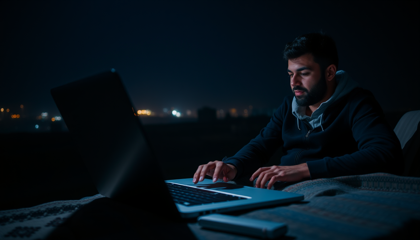 Main art studio: Make a picture of a laptop, at deep night with a little bet lighting and a Syrian mate