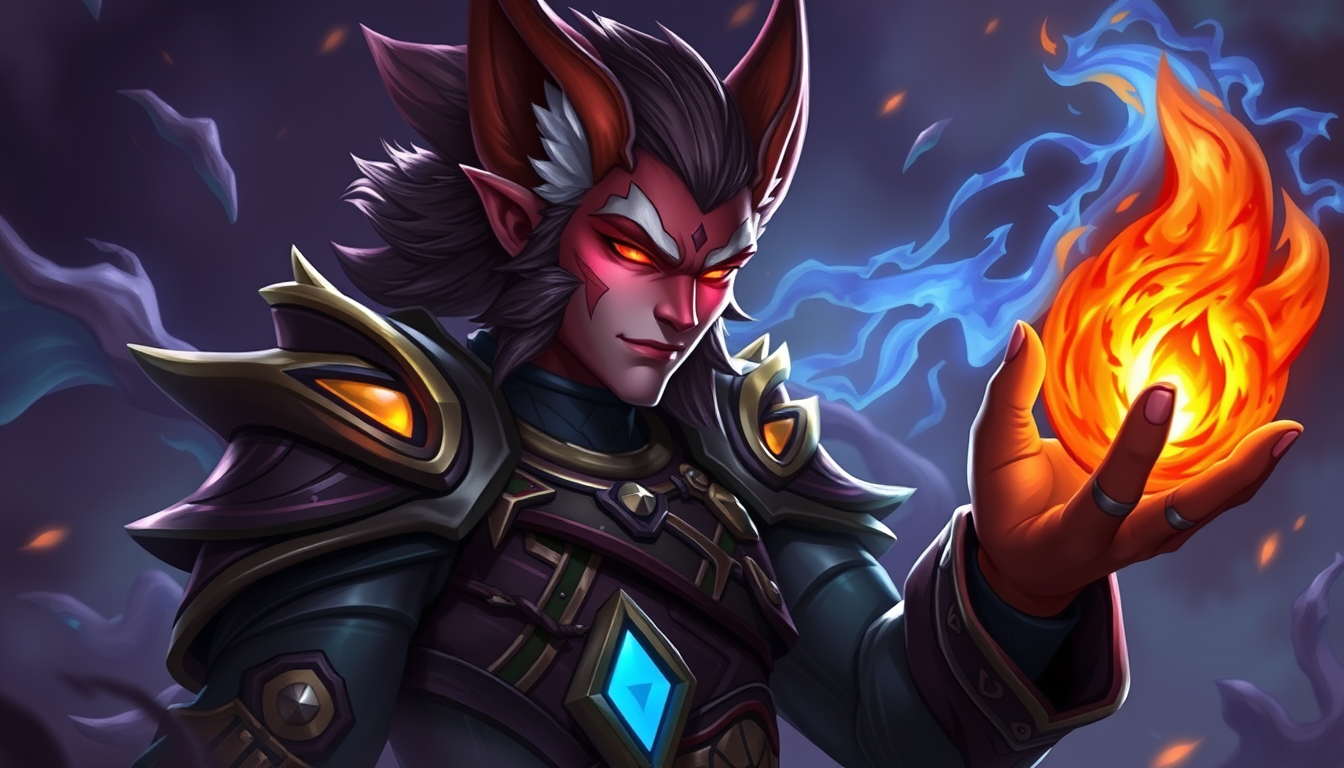 AI Art prompt example created from the prompt: combine sett from league of legends and a warlock make it world of warcraft style make him be part human part fox