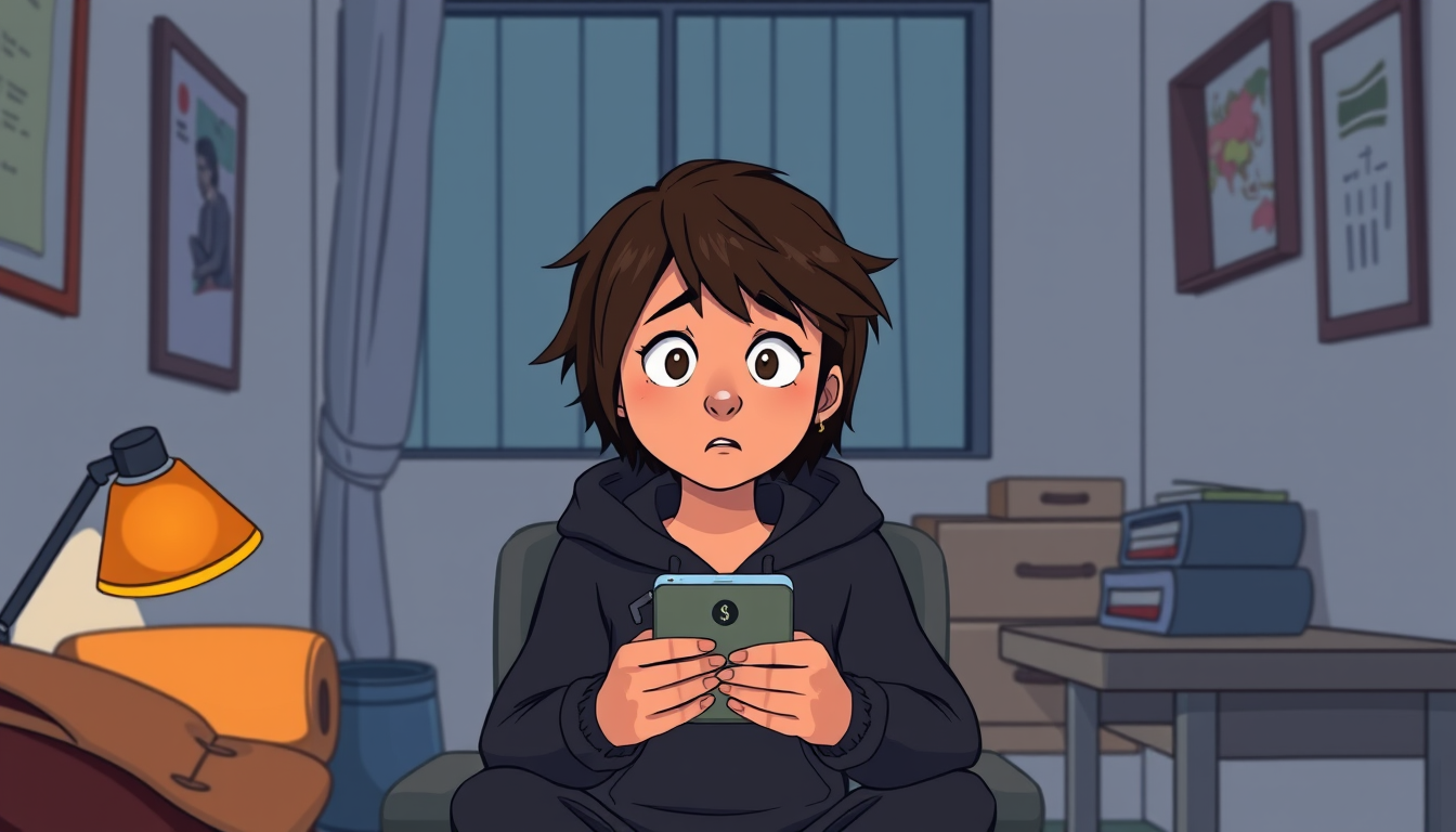 Main art studio: A consistent 2D cartoon character, 19-year-old young woman with messy dark brown hair, light warm skin tone, expressive eyes, plain dark hoodie, sitti
