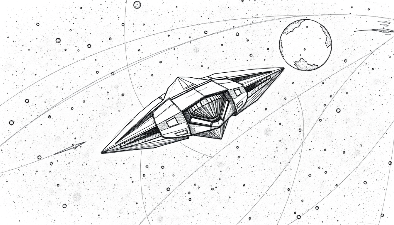 Main art studio: Cinematic 2D hand-drawn sketch of an ORIGINAL strange geometric alien spaceship flying through deep space. Asymmetrical shapes, sharp and curved struc