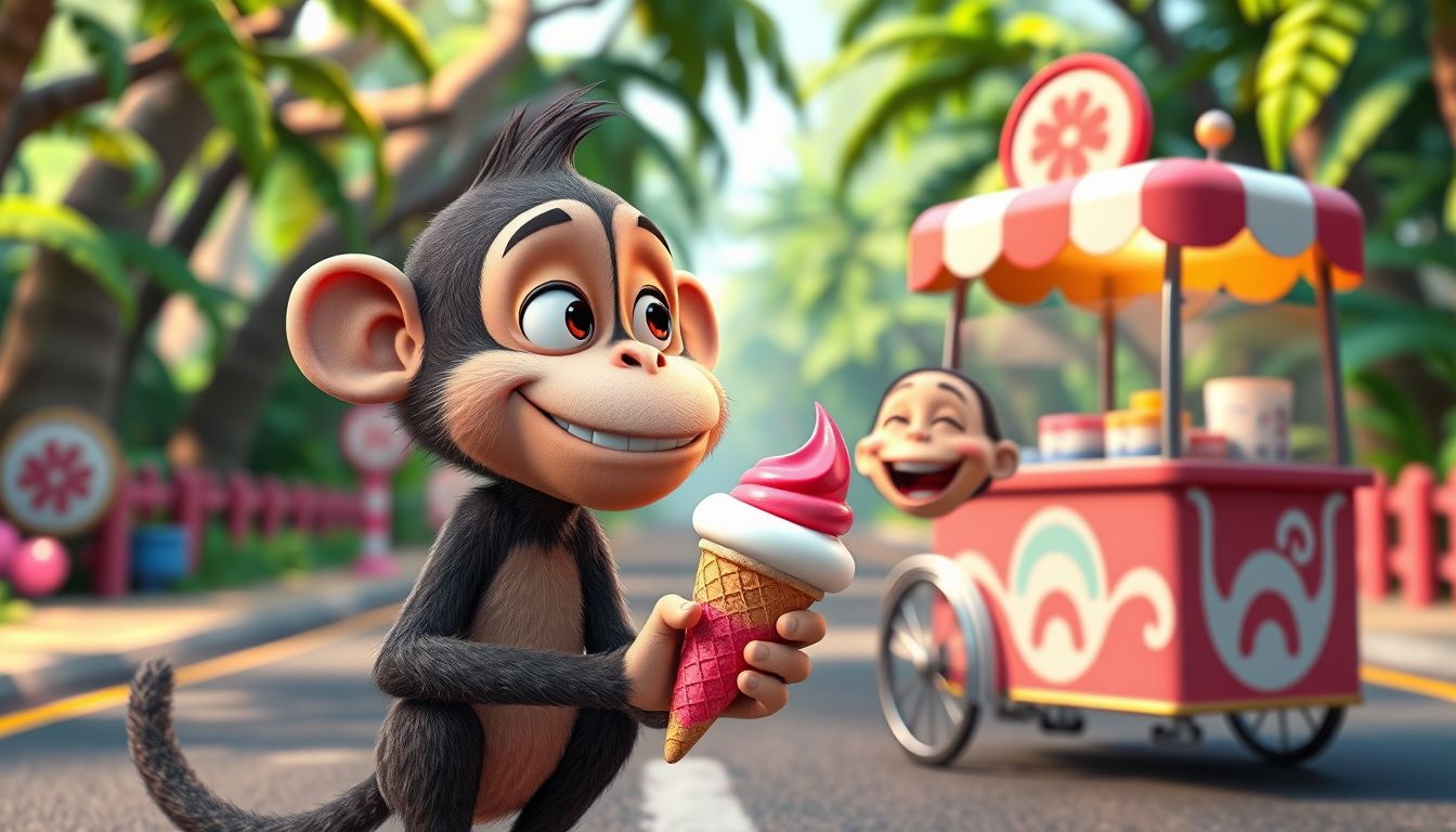 Main art studio: Cute 3D cartoon monkey looking at the ice cream with a tempted and funny expression, holding it in his hand while his friend laughs beside him, colorf