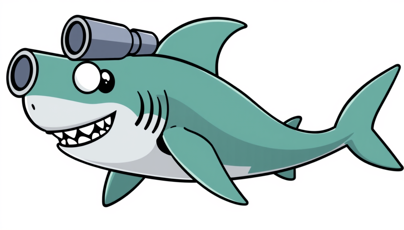 Main art studio: 2D cartoon shark only. Green and black shark. White glowing eyes. Three giant cannons attached to its back. Shark body only. No human. No person. No h