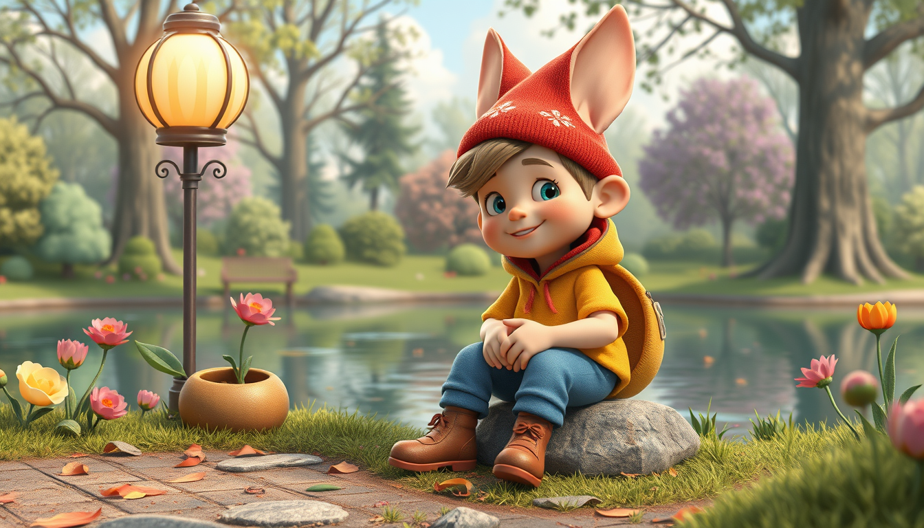 Main art studio: 3d -illustration im märchen-/ animationsstiel junge der auf einer bank im park sitzt