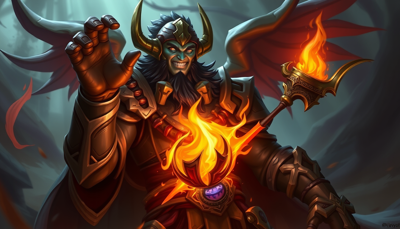AI Art prompt example created from the prompt: combine sett from league of legends and a warlock make it world of warcraft style make him be part human