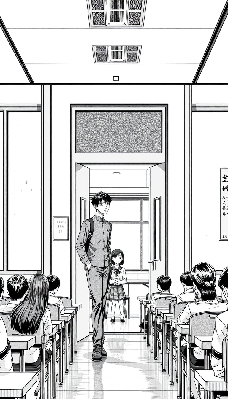 Manga idea: manga panel, black-and-white ink, screentone shading, expressive line weight, Su Chen enters a modern high-school classroom after being rejected by Ta