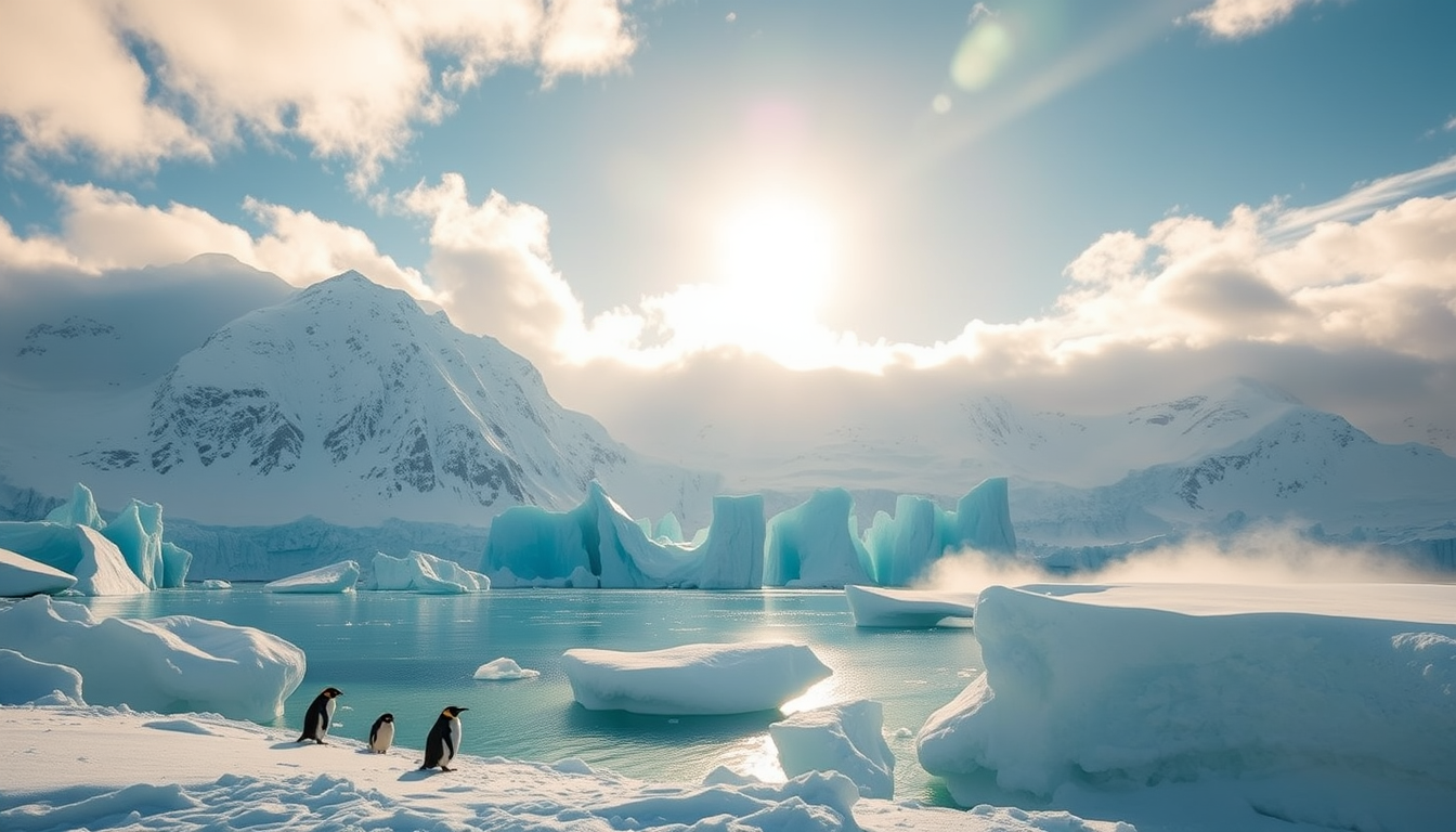 Main art studio: A breathtaking cinematic view of Antarctica, enormous snow-covered mountains rising behind vast blue-white glaciers, towering icebergs floating in cry