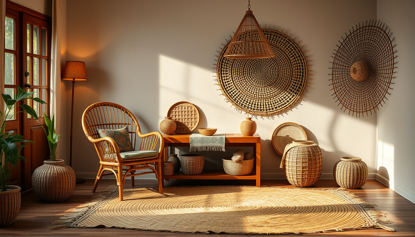 Main art studio: A premium Bengali handmade handicraft home interior. A beautiful cane (beter) chair and cane table, a Nokshi Kantha table mat placed on the table, a b