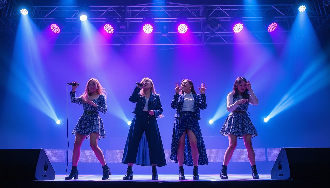 Main art studio: crie uma imagem com um grupo de k-pop com 6 meninas em um palco cantando
