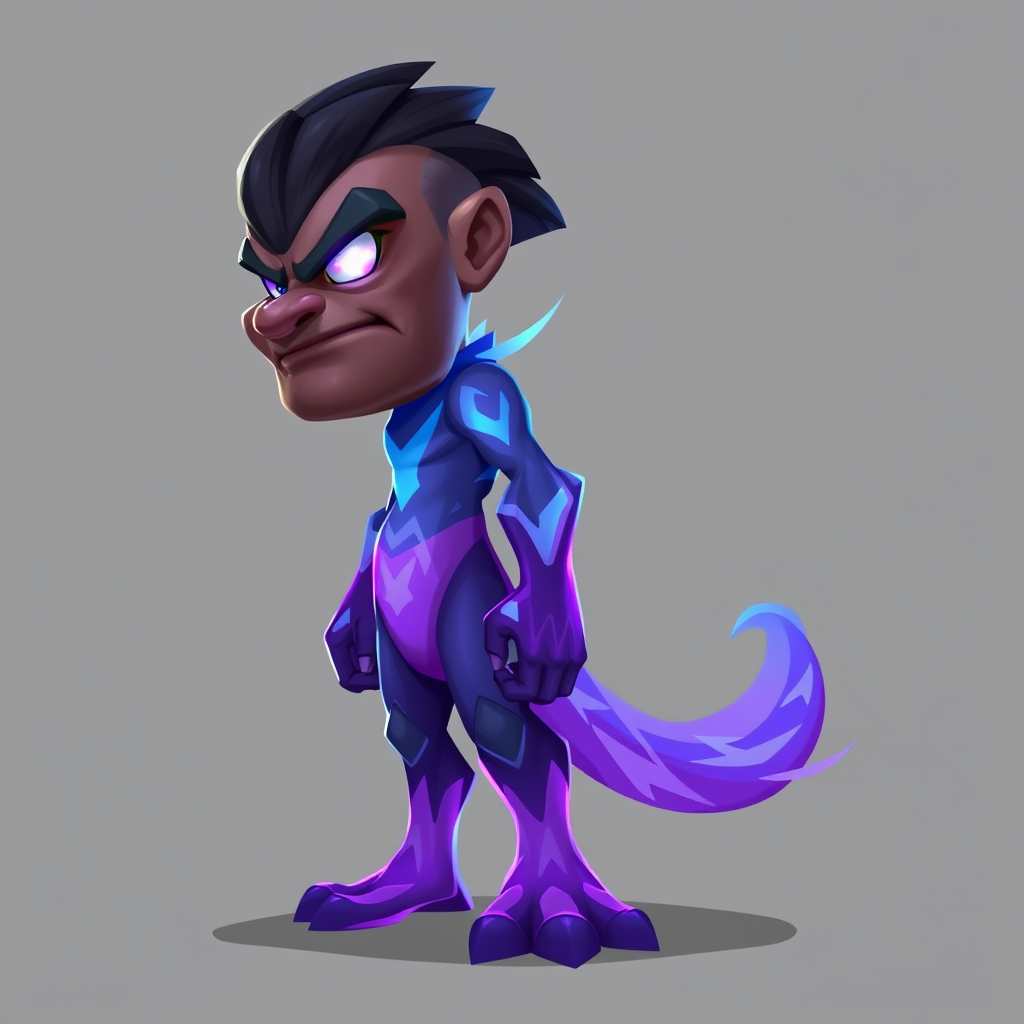 Main art studio: 2D side-view game character, facing right, realistic detailed design, serious angry expression, confident rival, purple and blue cosmic energy body, g