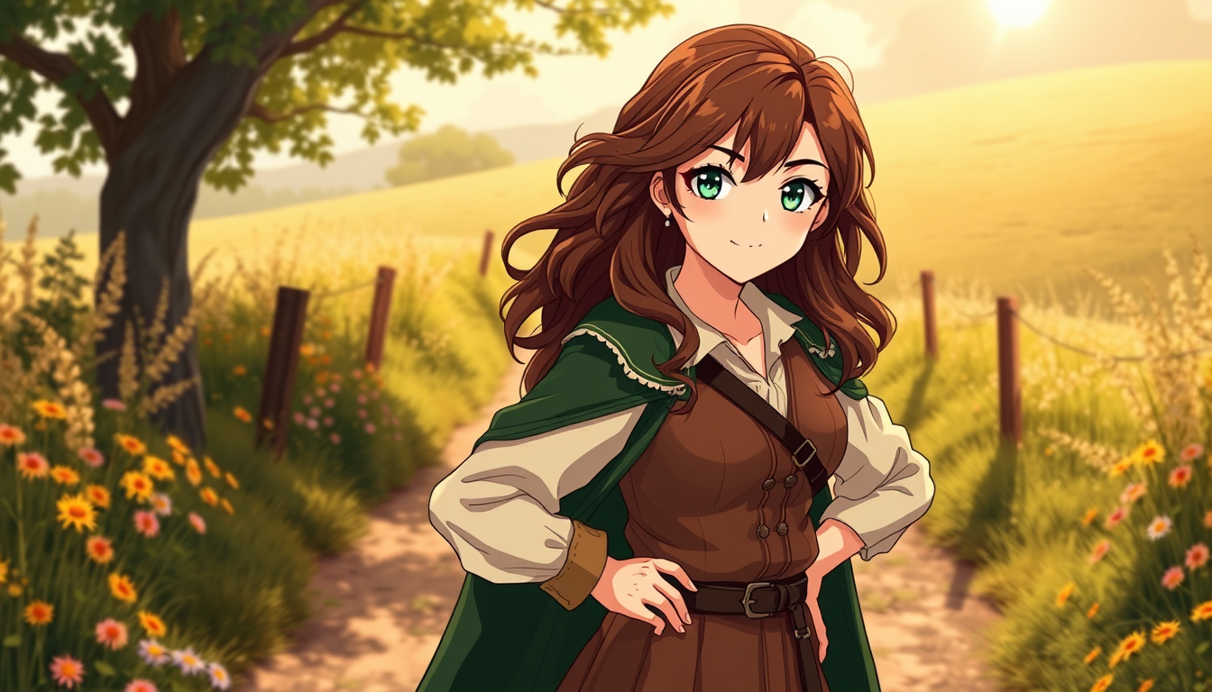 Anime idea: anime style, vibrant colors, expressive eyes, Anime-style illustration of Wren Rowan Bennett, a 22-year-old woman with long, wavy dark chestnut-brown