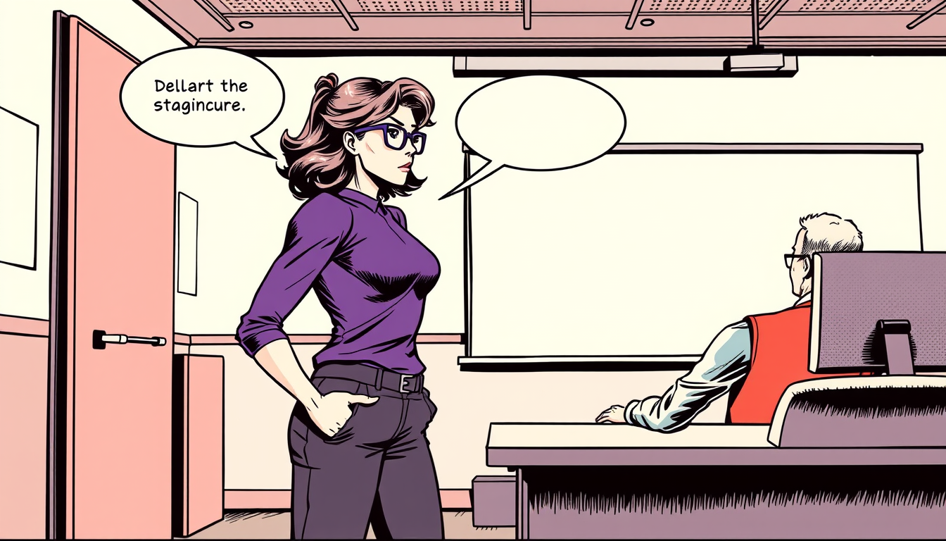 AI Comic idea created from the prompt: comic panel, bold inks, halftone shading, speech-bubble ready composition, • Apparence de la Stagiaire : Cheveux châtains ondulés, haut viol