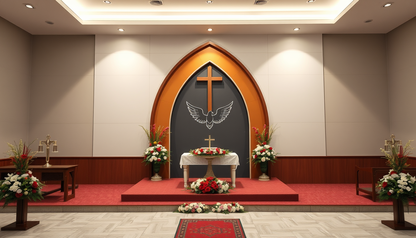 Main art studio: Modelo para un altar de iglesia evangélica de Asambleas de Dios, incluye 2 gradas que cubra todo el espacio, en la esquinas qué sobre alaga la redknde
