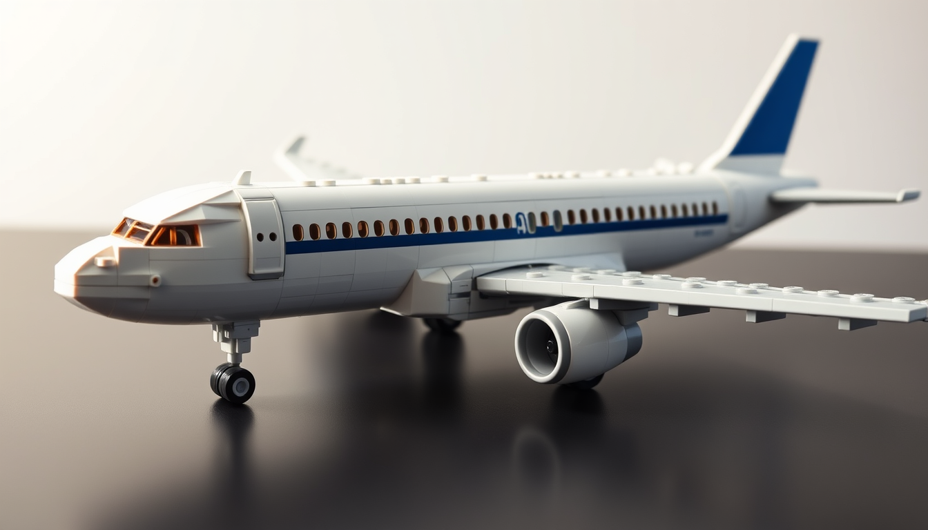 Main art studio: Ein detailliertes LEGO-DIY-Modell eines Airbus A320, vollständig aus LEGO-Steinen gebaut, auf einem Tisch präsentiert. Weißer Rumpf, typische A320-For