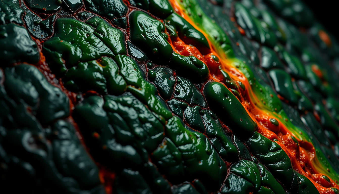Main art studio: Abstract close-up of a giant monster skin texture mixed with American diner graphic materials, dark organic surface, acid green highlights, deep red a