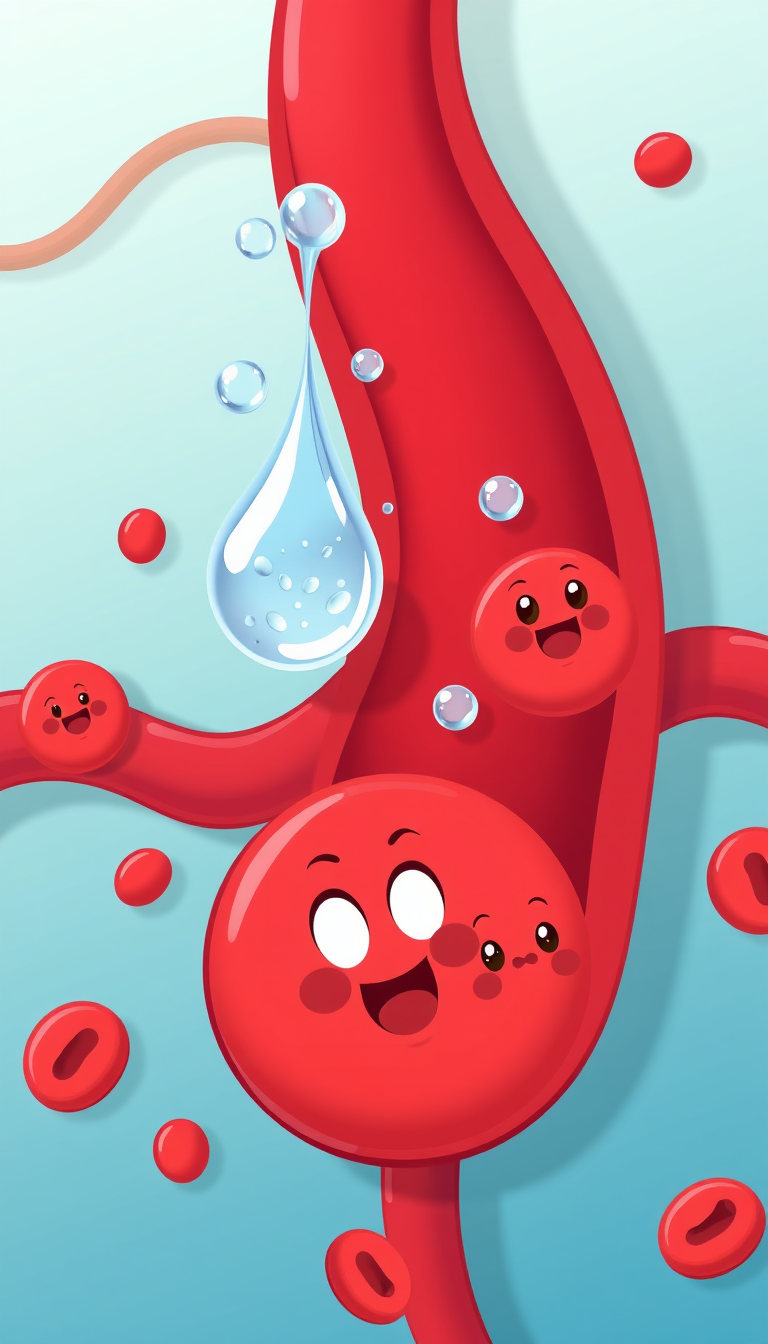 Main art studio: Vertical 9:16, colorful 2D cartoon medical educational animation, tiny water molecules being absorbed into the bloodstream, cute red blood cells with