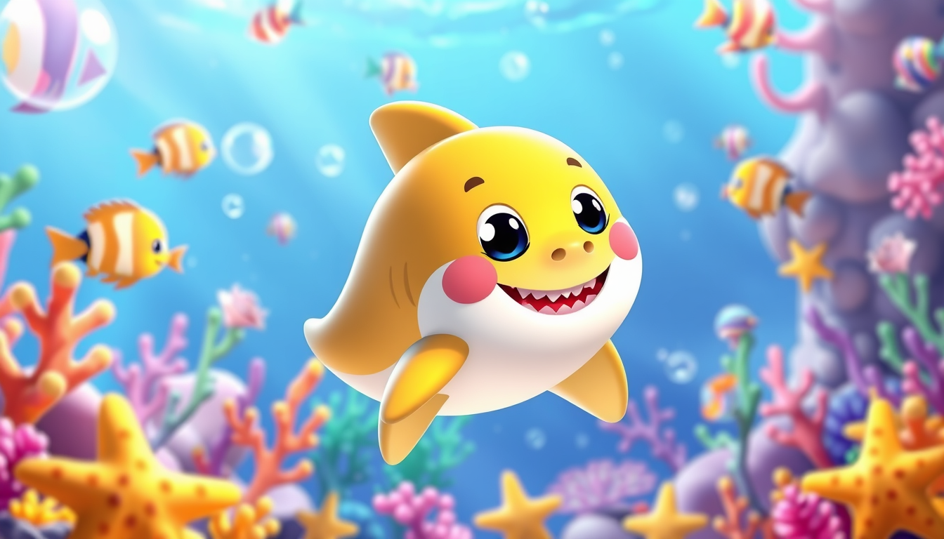 Main art studio: Create a colorful children's underwater illustration featuring a cute, cheerful baby shark with a bright yellow body, big sparkling eyes, a friendly s