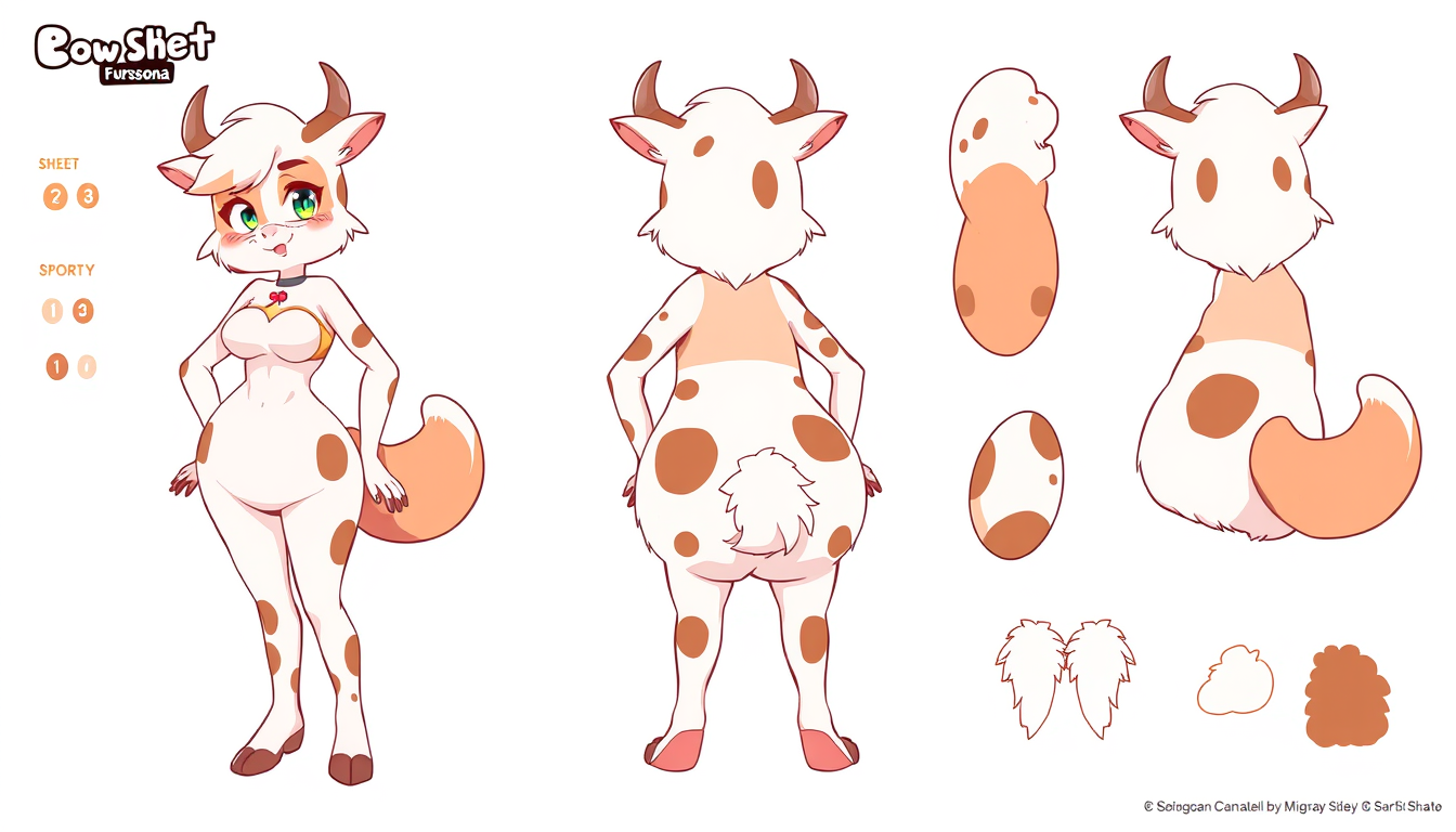 Fursona idea created from the prompt: fursona character, anthropomorphic animal design, expressive personality, reference sheet style, fat cow girl , clean fursona illustration