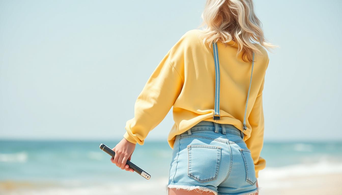 Main art studio: Edit this image with a wholesome, casual beach style. Give her platinum white-blonde chin-length bob hair with soft loose curls. Change the sweatshirt