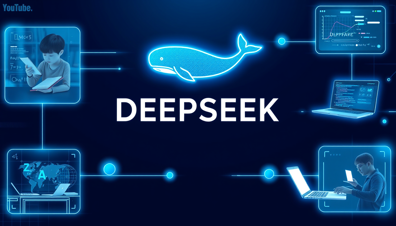 Main art studio: Create a stunning, professional 16:9 landscape image for a YouTube video introducing the AI tool DEEPSEEK. Make the official DeepSeek whale logo and t