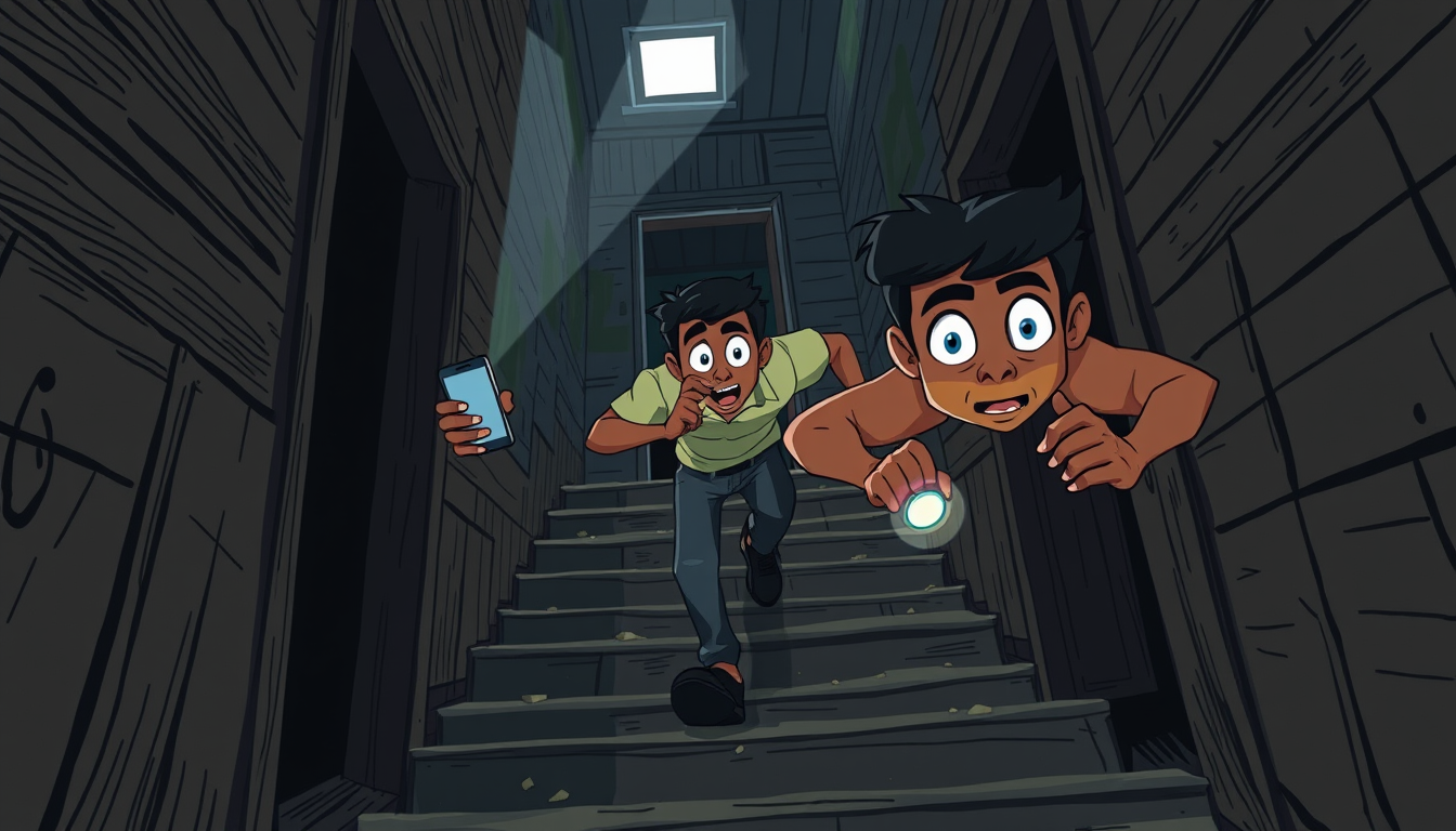 Main art studio: 2D Indian television horror cartoon animation, same young Indian man Raghav running desperately down an old wooden staircase inside the abandoned rura