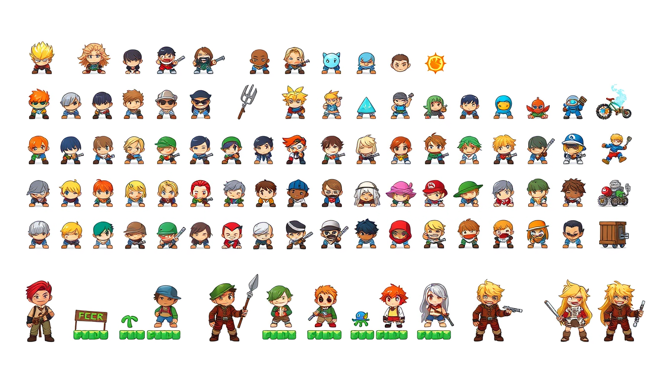 Sprite Sheet idea: sprite sheet, multiple character poses, clean grid layout, pixel game asset style, consistent character design, Soldat für einen Platformer , game spr