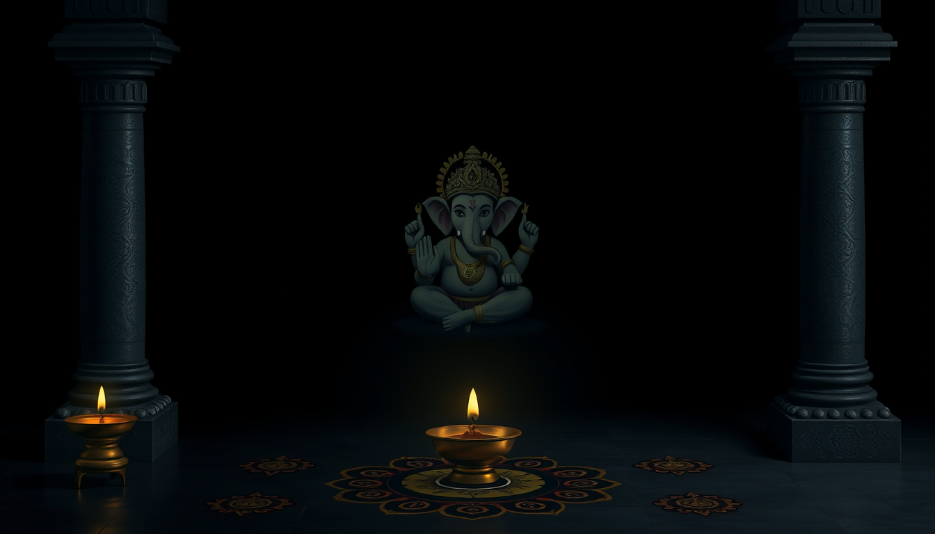 Main art studio: 16:9 cinematic wallpaper, simple traditional Telugu village culture theme, beautiful Lord Ganesha symbol/logo in the center, subtle temple bell, oil l