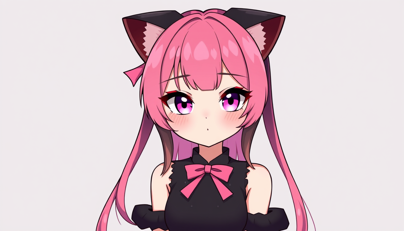 VTuber idea: vtuber avatar character, anime style, expressive face, streaming-ready design, pink-haired cat girl glowing eyes a black dress 2 pink bows and look li