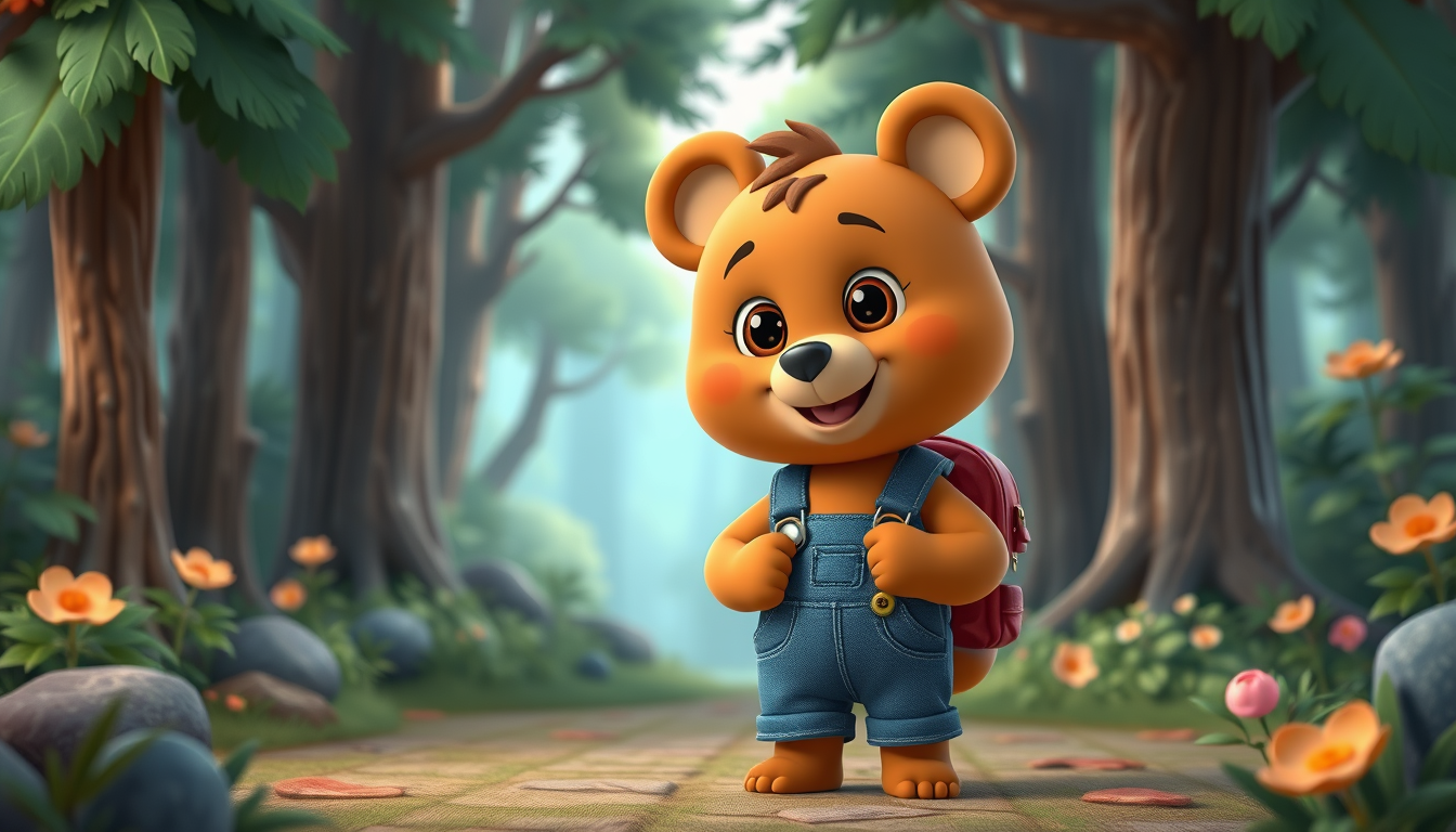 Characters idea: an original character defined by silhouette, role, outfit, palette, and expression, deliberate composition, Cute little brown bear named Benny, wearin