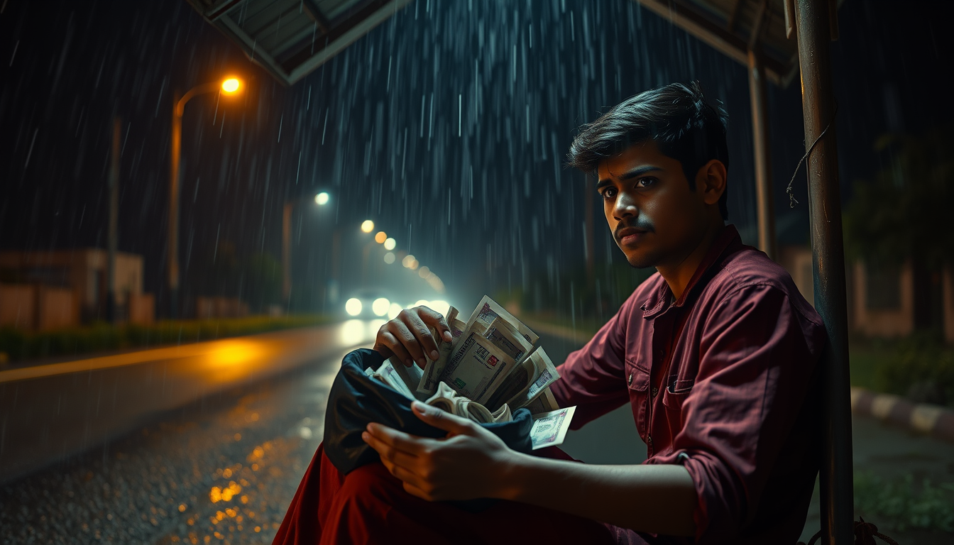 Main art studio: Same young Indian boy Aman sitting under a small roadside shelter during a stormy night, opening a black bag filled with bundles of Indian currency no