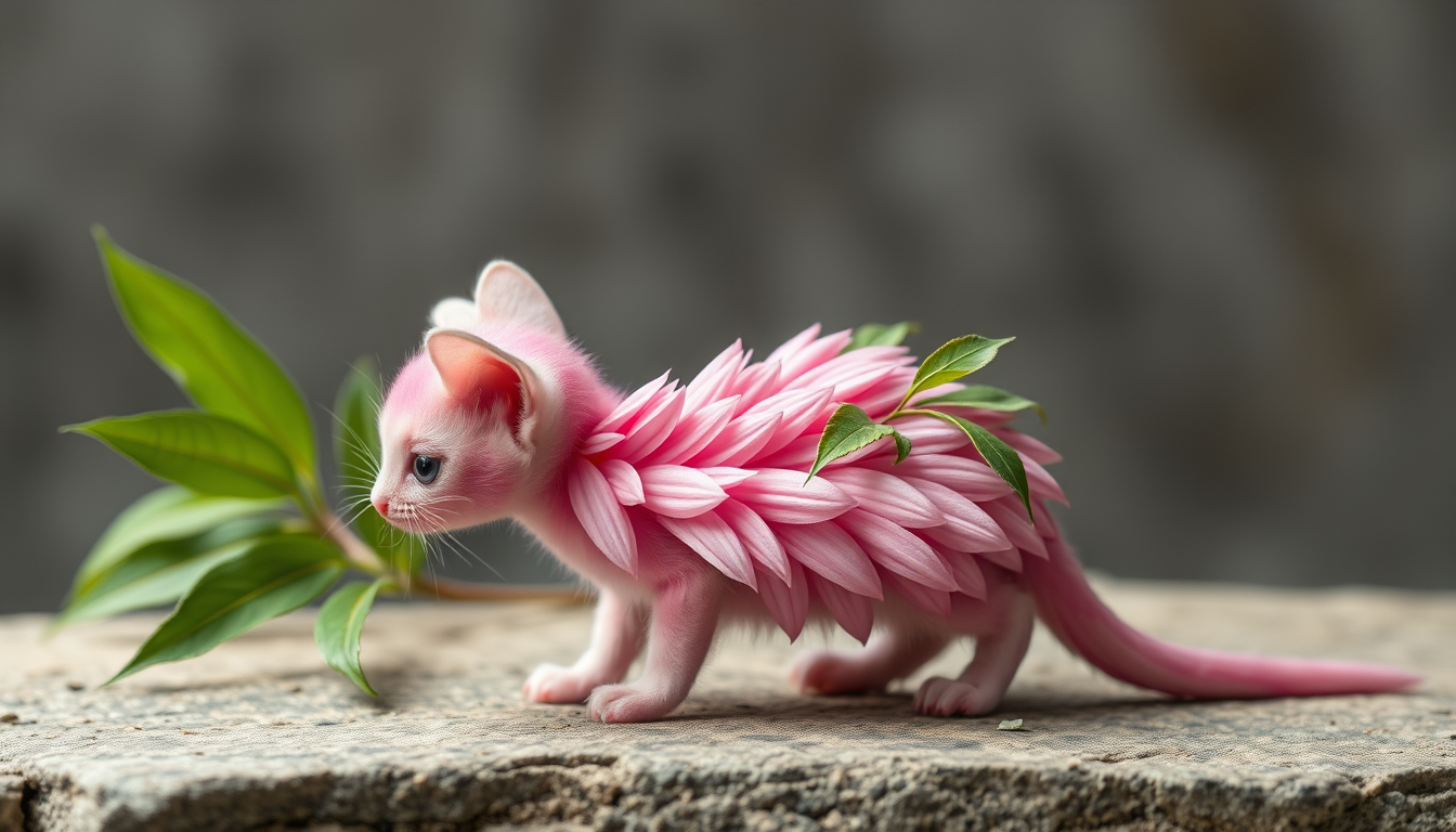 AI Art prompt example created from the prompt: a small creature that looks like a weasel/small cat that is pink and has petals all over its body, its ears have been replaced with petals,
