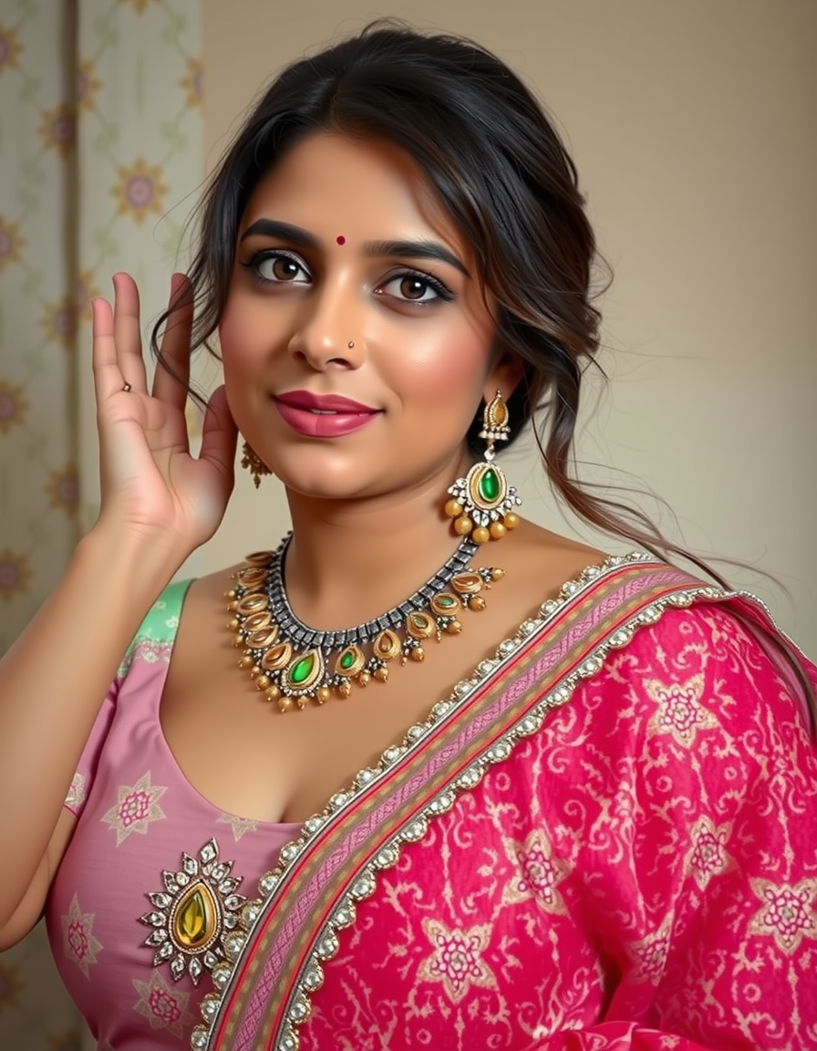 Main art studio: Edit the uploaded photo. Keep exact face, skin, hair, jewelry, pose (right arm behind head, left hand holding saree), camera angle, and background (wa