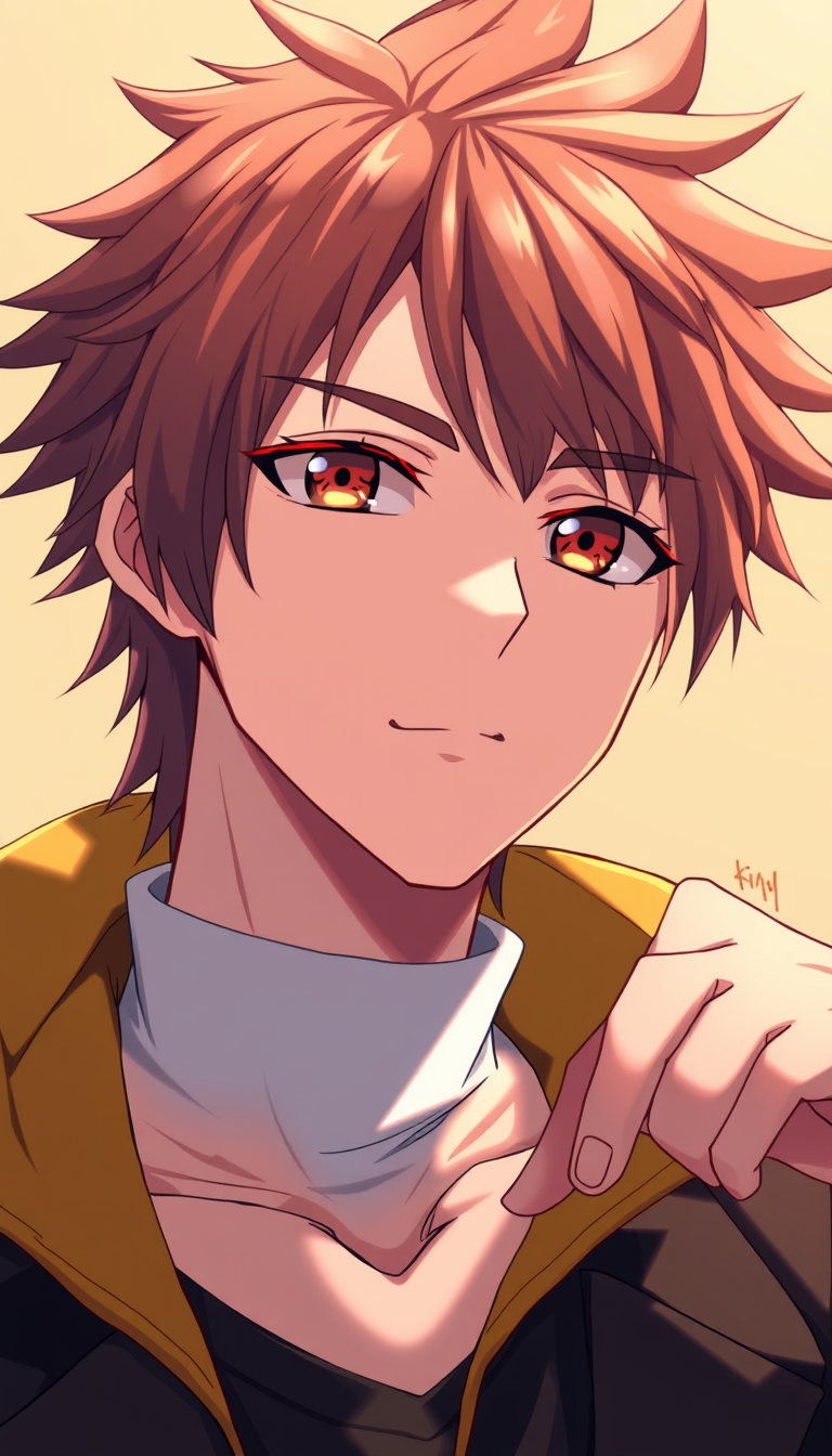 Anime idea: anime style, vibrant colors, expressive eyes, Kita is shown to be a handsome, tall and lean young man. He seems to have rather brown or dark red eyes.