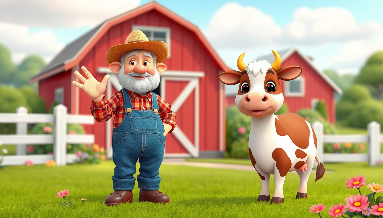 Main art studio: Cute friendly elderly farmer named Old MacDonald wearing blue overalls, a red plaid shirt, brown boots and a straw hat, standing outside a charming re