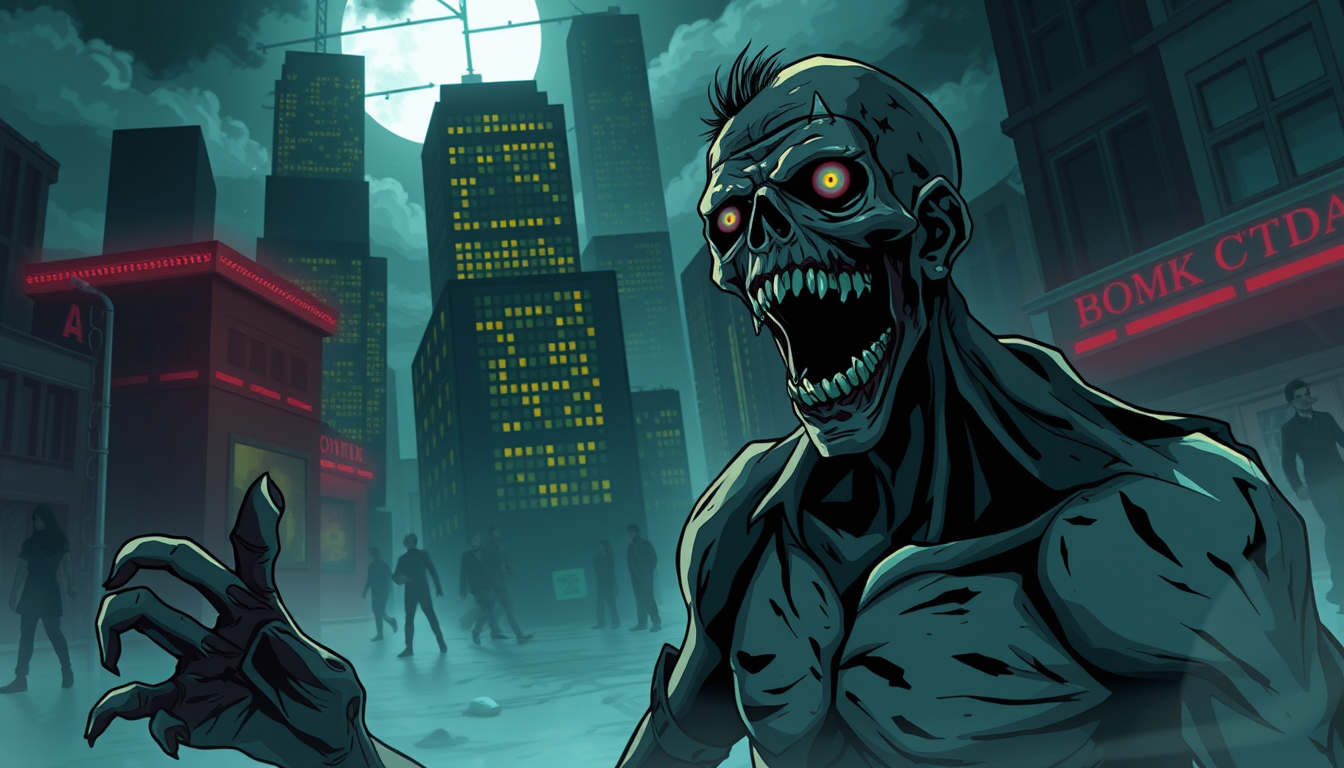 AI Art prompt example created from the prompt: Zombie man dark city anime style