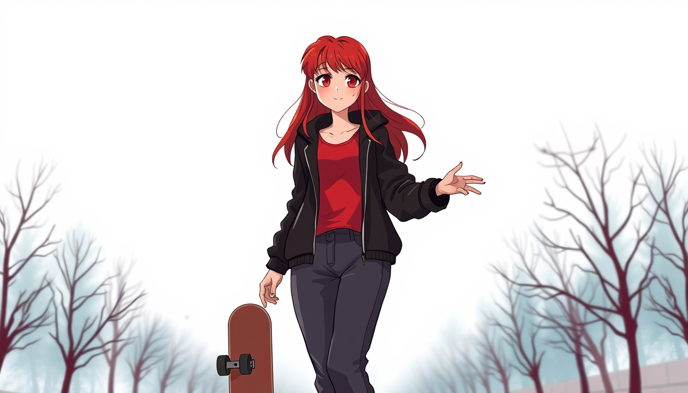 Main art studio: Una chica de pelo rojo oscuro dibujo animado pelo liso adolescente con rostro asiatico sin los ojos rasgados y con estilo de ropa ancha y con un top r