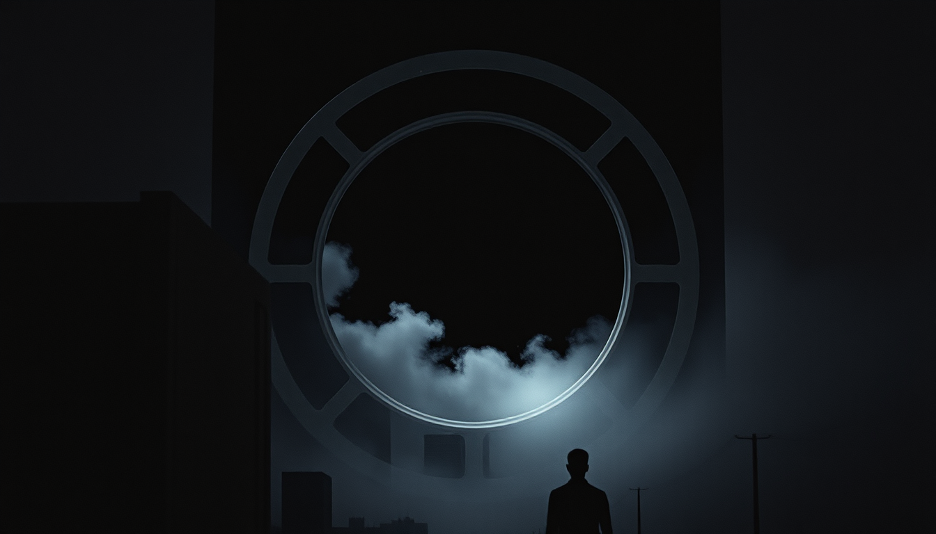 Main art studio: Dark 90s industrial techno artwork, brutalist city fading into a black void, concentric circles creating forbidden boundaries, concrete, steel, fog, d