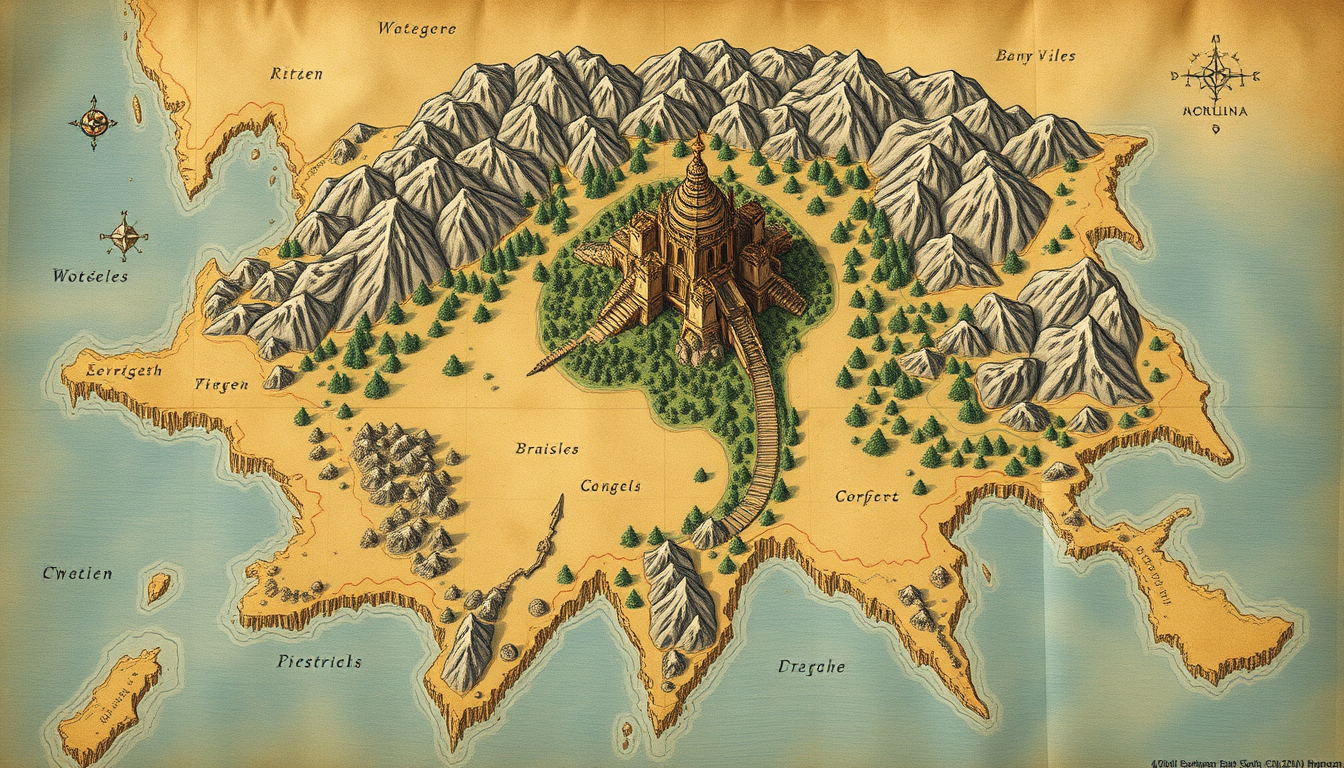 Fantasy Maps idea: fantasy world map, hand-drawn cartography, aged parchment, mountains forests and coastlines, Großer Planet mit einem Turm sehr detailliert , detailed
