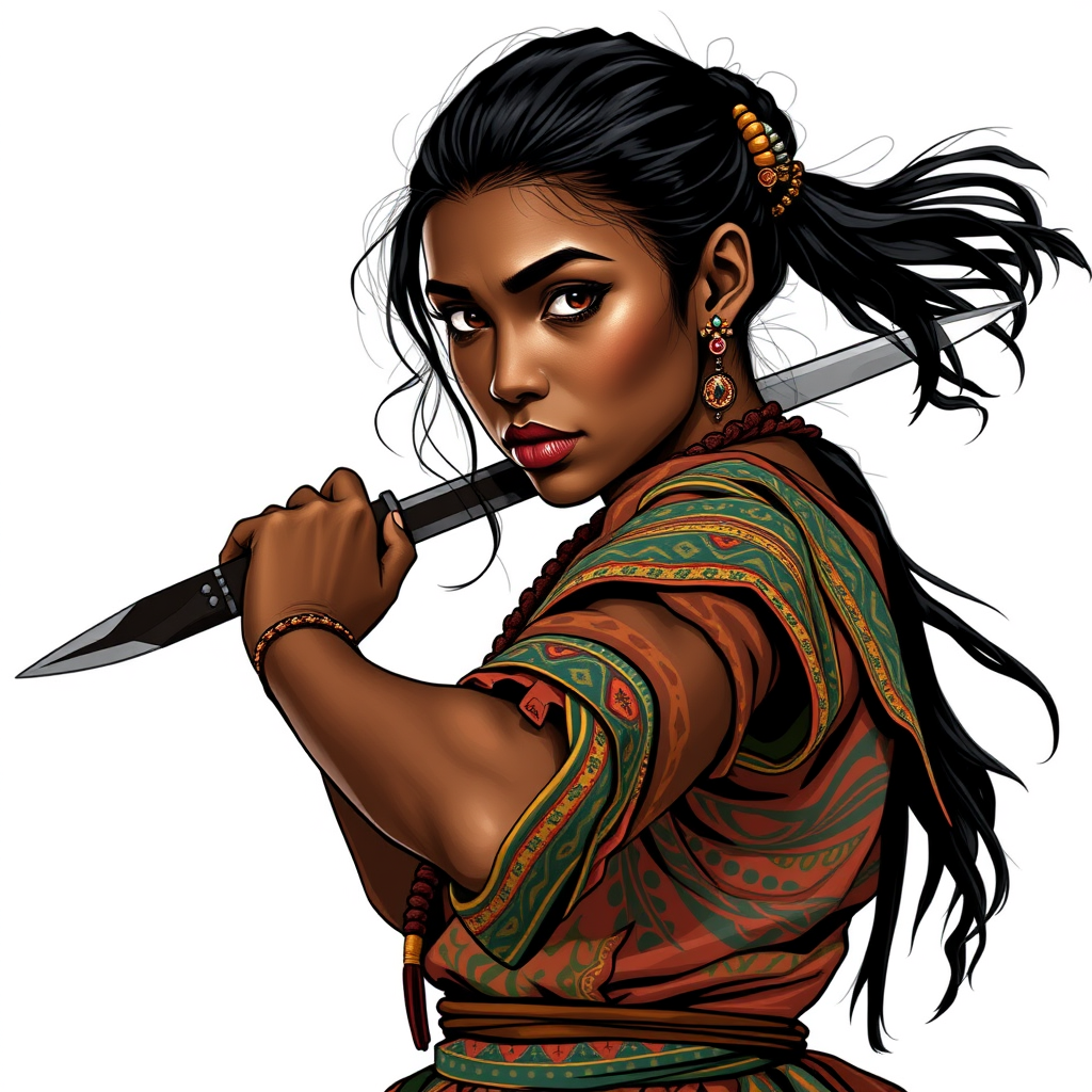 Main art studio: Outline of a young black indian woman in traditional colorfully patterns, but practical to fight. Hair loosely tied back. One dagger in one hand, read