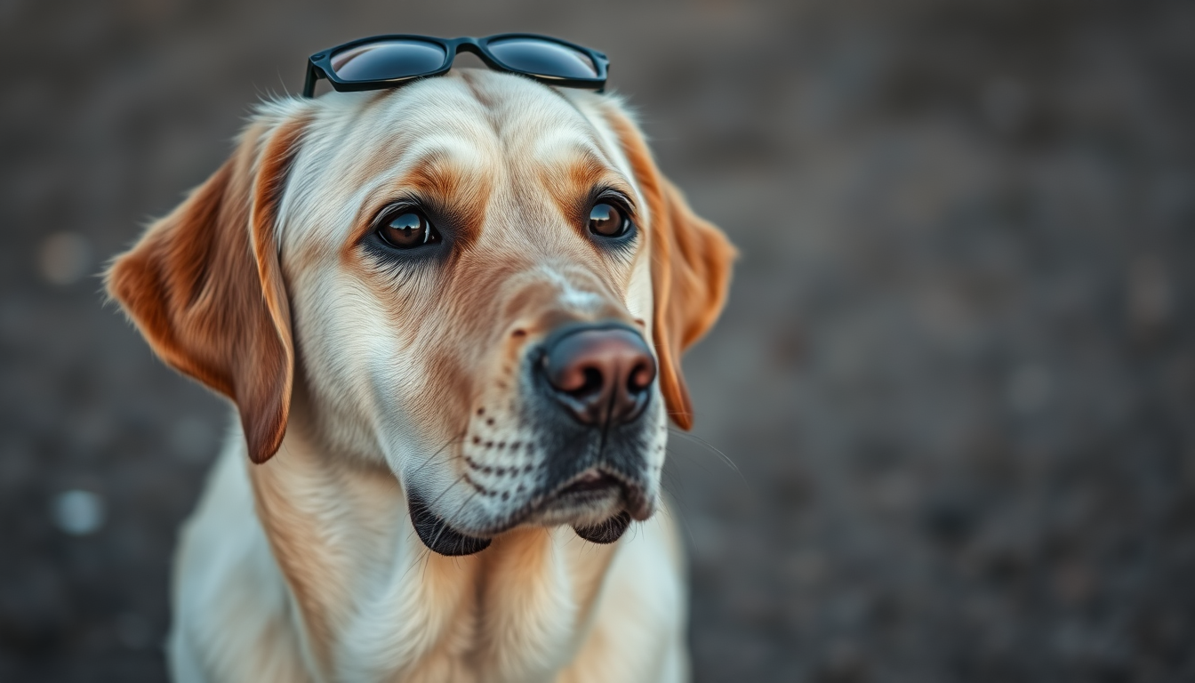 Main art studio: Älterer brauner Labrador im Gesicht schon weiß und eine menschliche Frau blonde Haare mit Brille ca 170 groß mit dem Schriftzug gute Besserung sky