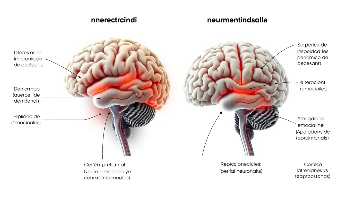 Main art studio: Infografía médica realista comparando un cerebro sano y un cerebro afectado por el consumo crónico de metanfetamina (cristal). Incluir etiquetas y fle