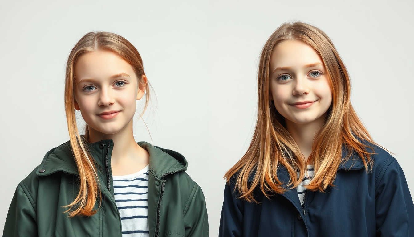 Main art studio: erstelle ein Bild von 2 13-jährigen zwillingsmädchen nebeneinander mit etwas abstand und weißem Hintergrund. links: lockige haaren bis etwas weiter al