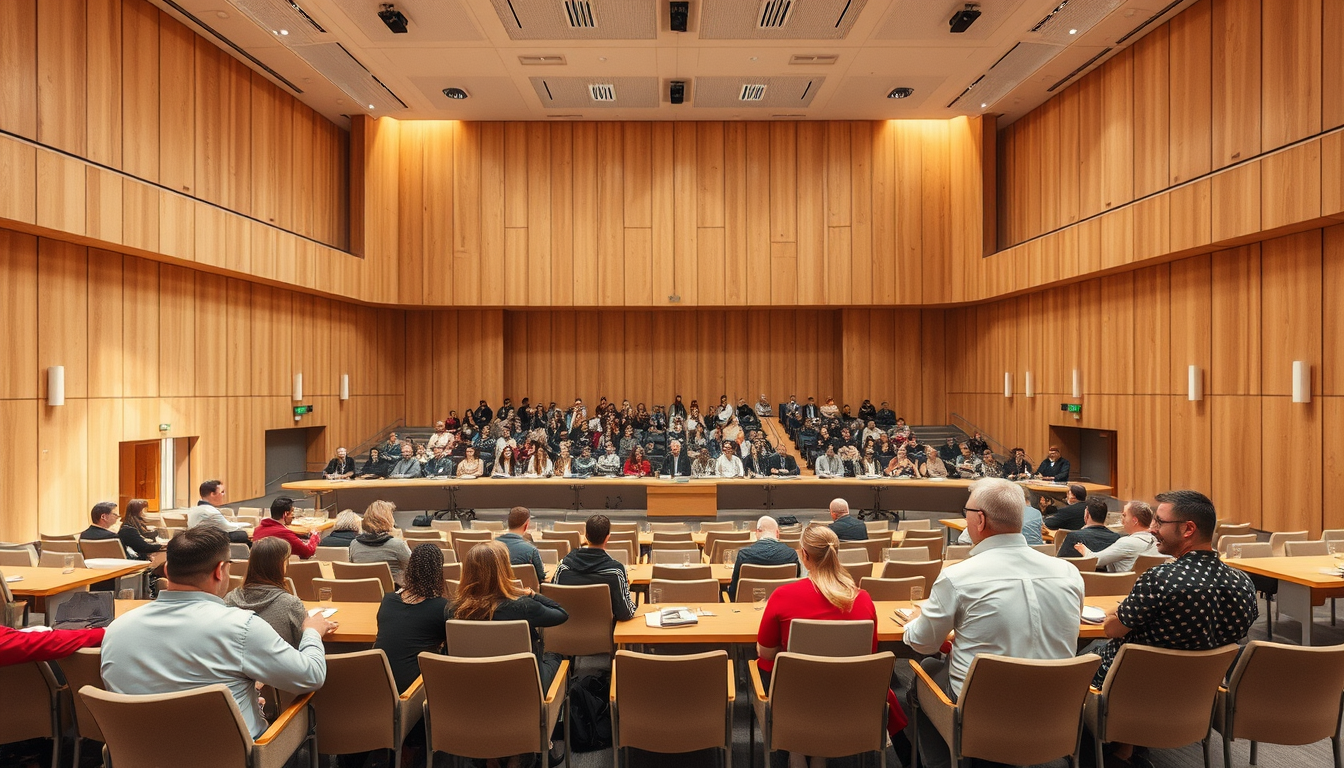 Main art studio: Nimm den Thüringer Plenarsaal als Vorbild mit Sicht vom Rednerpult aus. generiere Personen auf den Sitzplätzen, nicht auf den Besucherrängen, neu. Kei