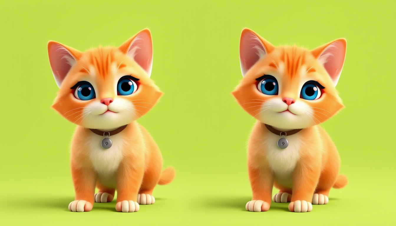 Main art studio: 1 cute cats in a Pixar-style 3D cartoon look on a solid bright green background. No shadows, no collars, no necklaces, no pendants. cat has a tail. 1)