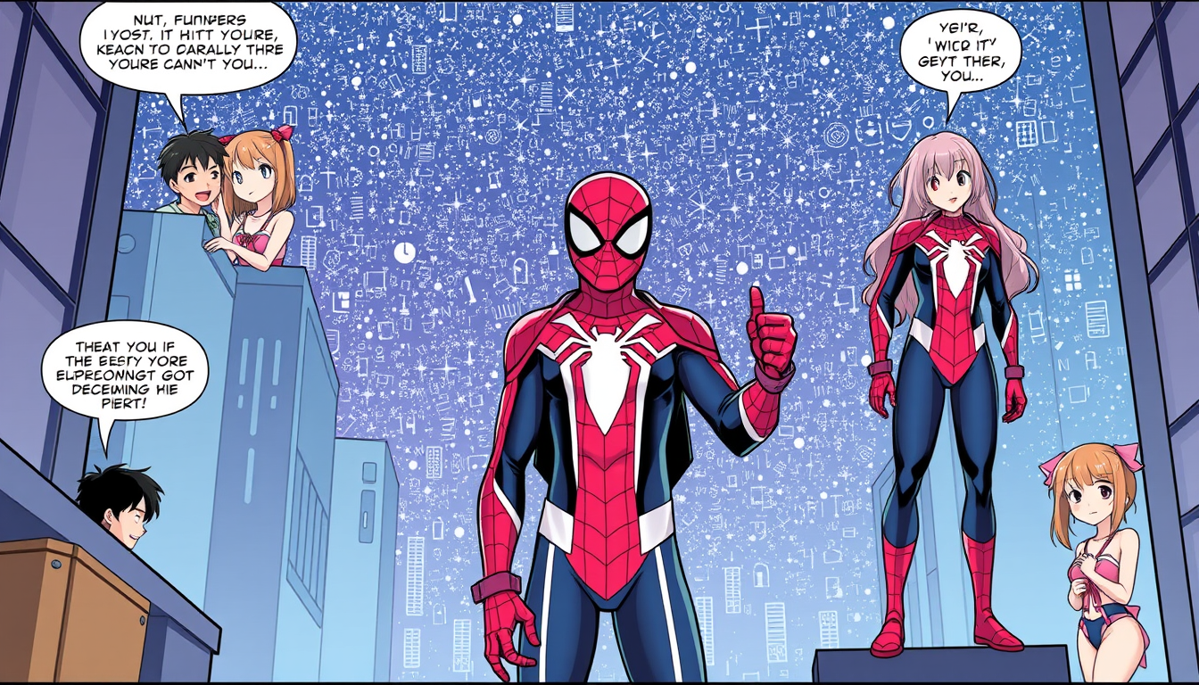 Main art studio: Create a long, multi-panel comic featuring only Peter Parker. He accidentally discovers a cute girly anime and gradually becomes obsessed. At first no