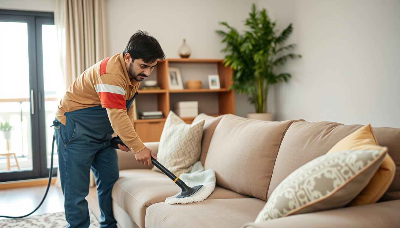 AI Art prompt example created from the prompt: size 2560 by 1194 No text in picture, real Pakistani man working in a home cleaning service, Make a make Man working in sofa cleaning,